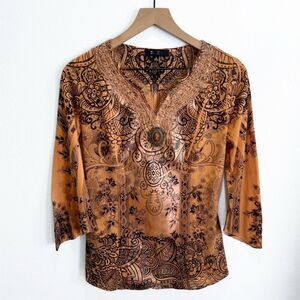 Vtg Y2K B.L.E.U. Top Womens Small Orange Floral Beaded Festival Fairy Grunge 90s